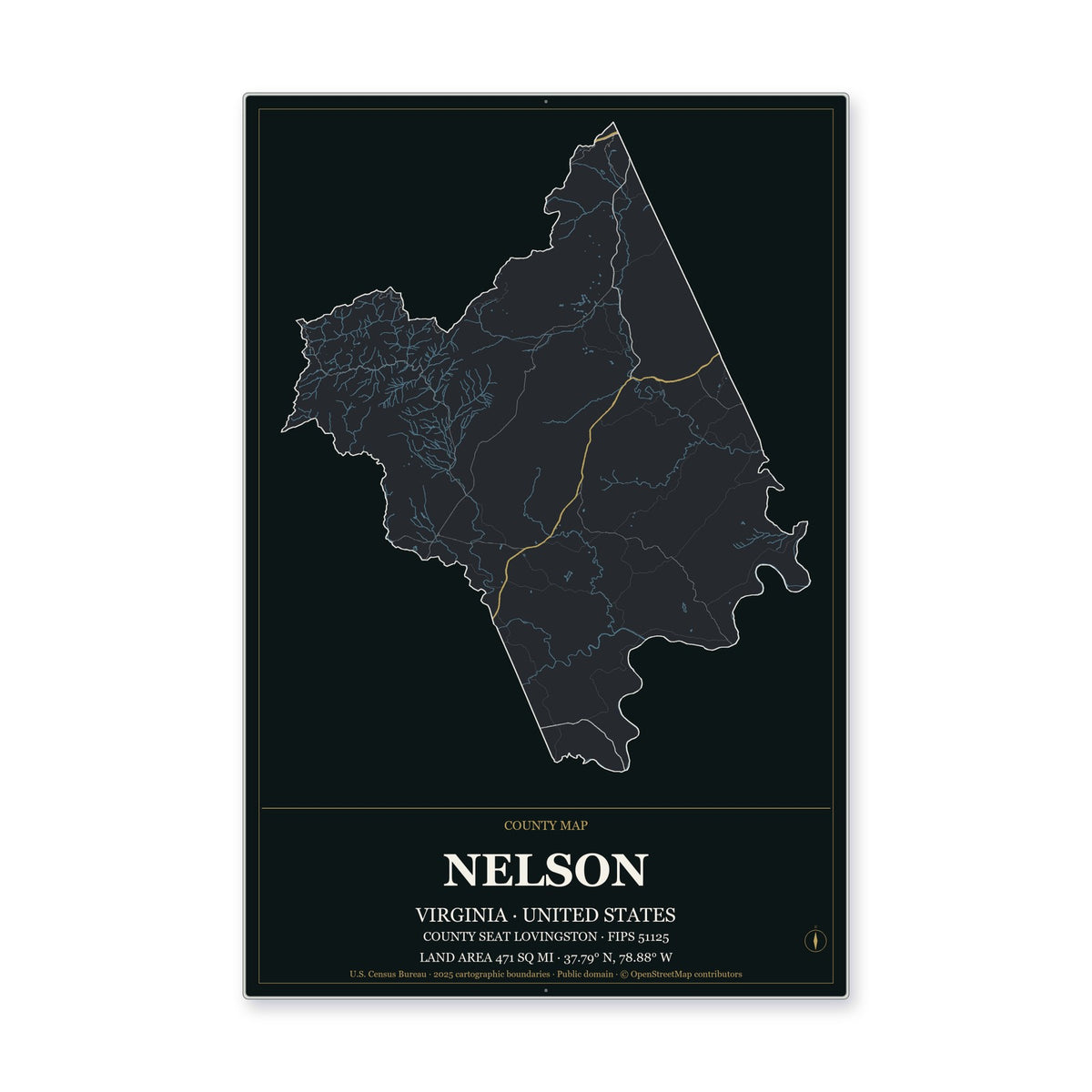 Nelson County, Virginia Map Aluminum Sign in Metropolitan Noir style