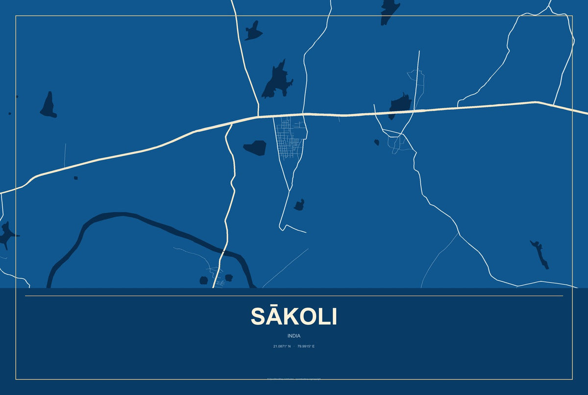 Sākoli, India City Map Aluminum Sign in Harbor Cobalt style