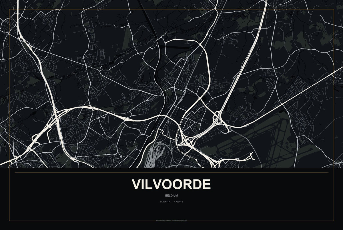 Vilvoorde, Belgium City Map Aluminum Sign in Metropolitan Noir style