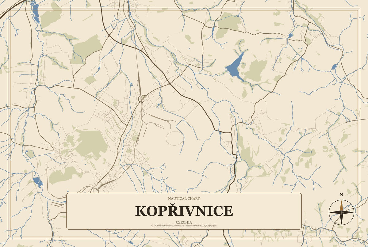 Kopřivnice, Czechia City Map Aluminum Sign in Heritage Nautical style