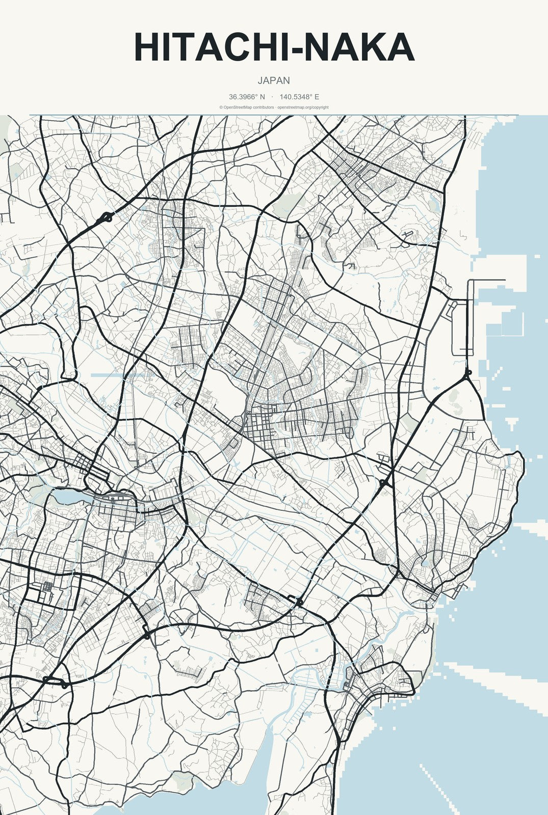 Hitachi-Naka, Japan City Map Aluminum Sign in Headline Atlas style