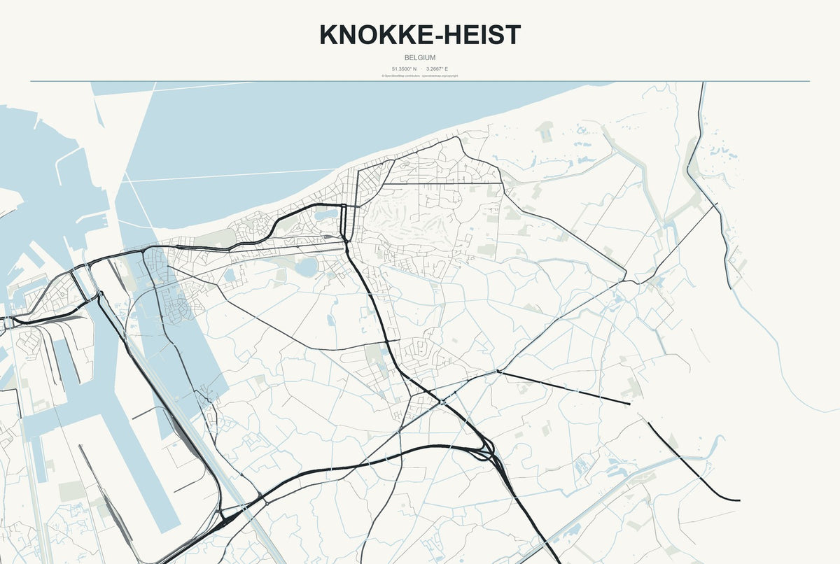 Knokke-Heist, Belgium City Map Aluminum Sign in Headline Atlas style