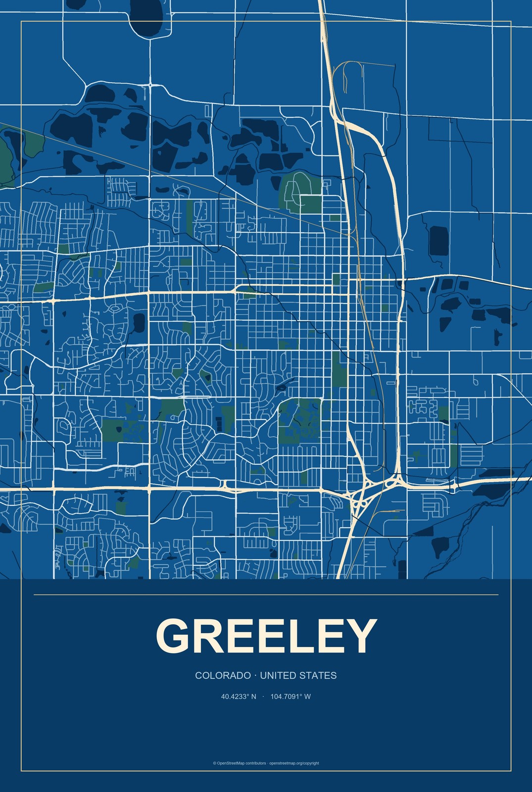 Greeley, Colorado City Map Aluminum Sign in Harbor Cobalt style