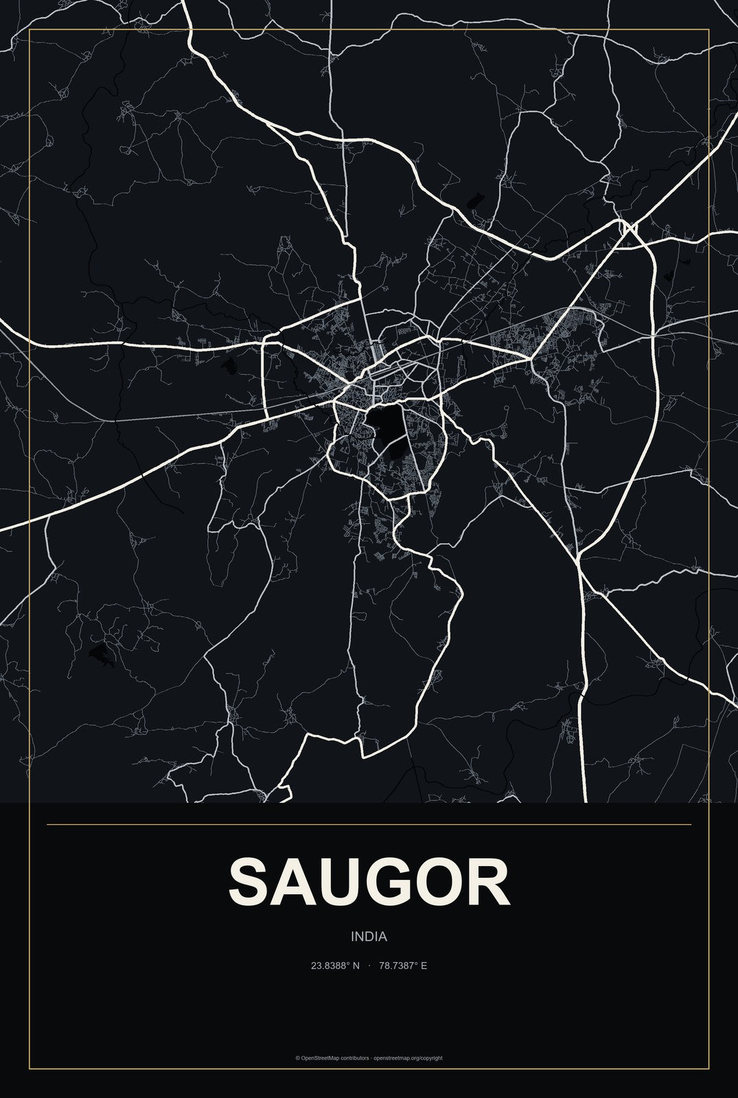 Saugor, India City Map Aluminum Sign in Metropolitan Noir style