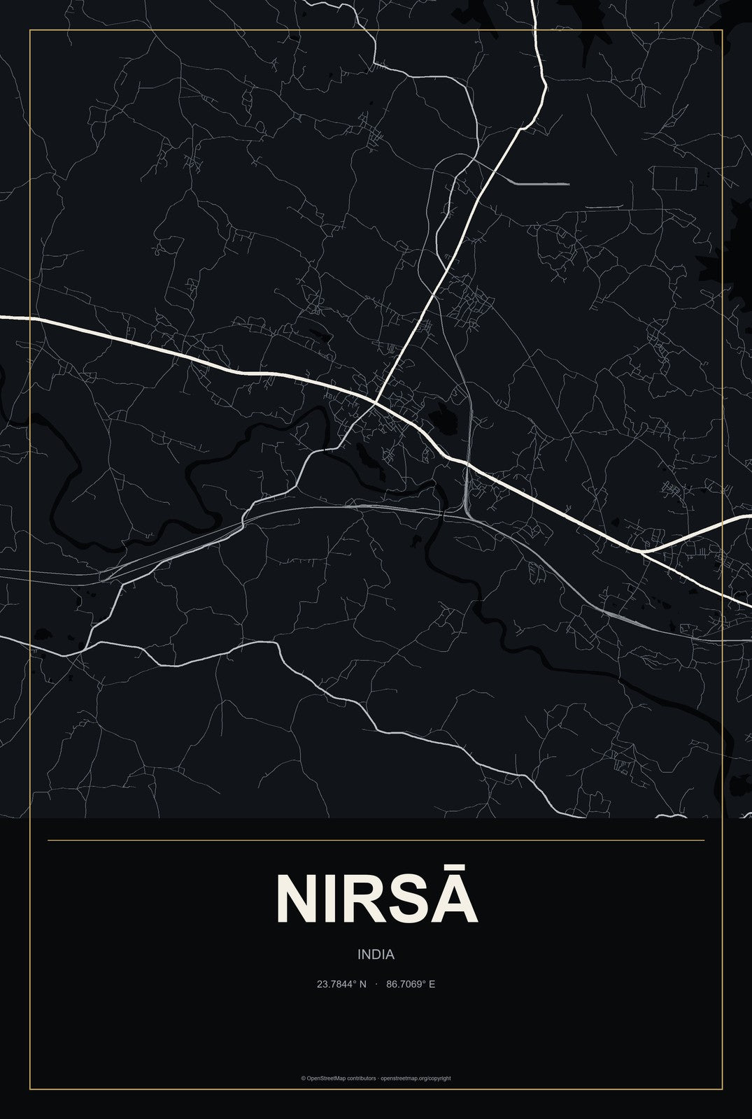 Nirsā, India City Map Aluminum Sign in Metropolitan Noir style