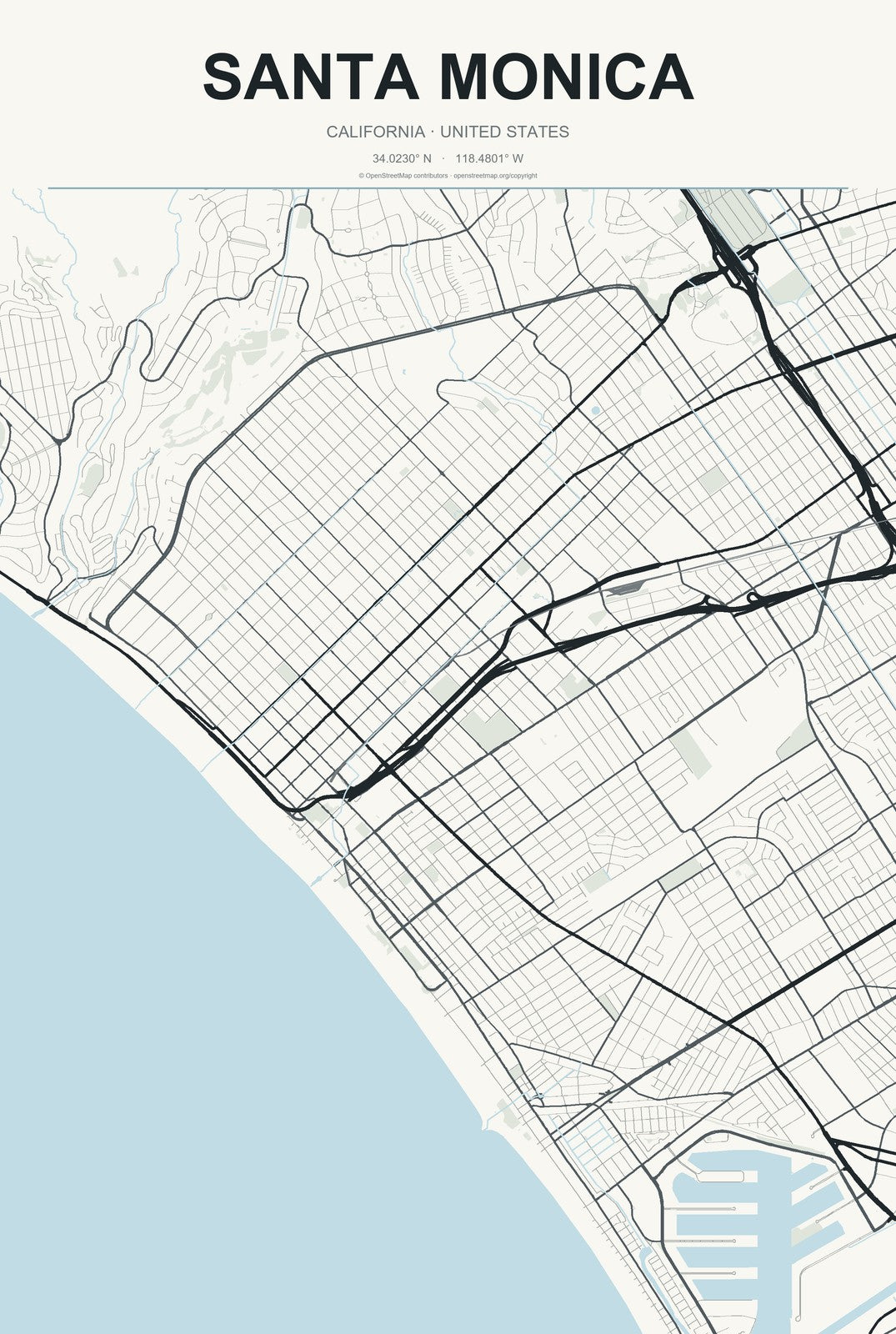 Santa Monica, California City Map Aluminum Sign in Headline Atlas style