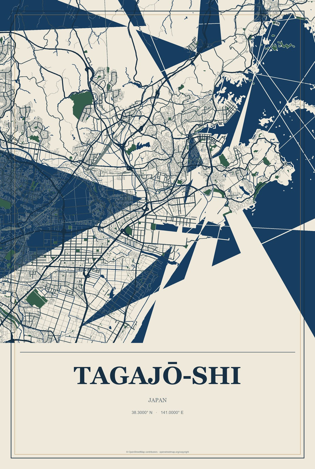Tagajō-shi, Japan City Map Aluminum Sign in Coastal Cutout style