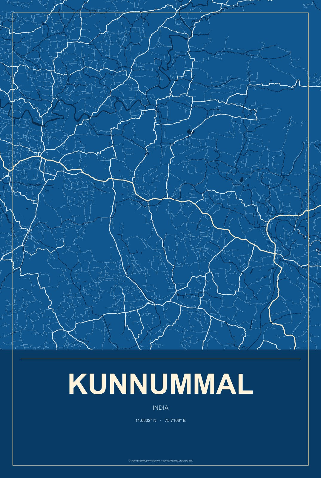 Kunnummal, India City Map Aluminum Sign in Harbor Cobalt style