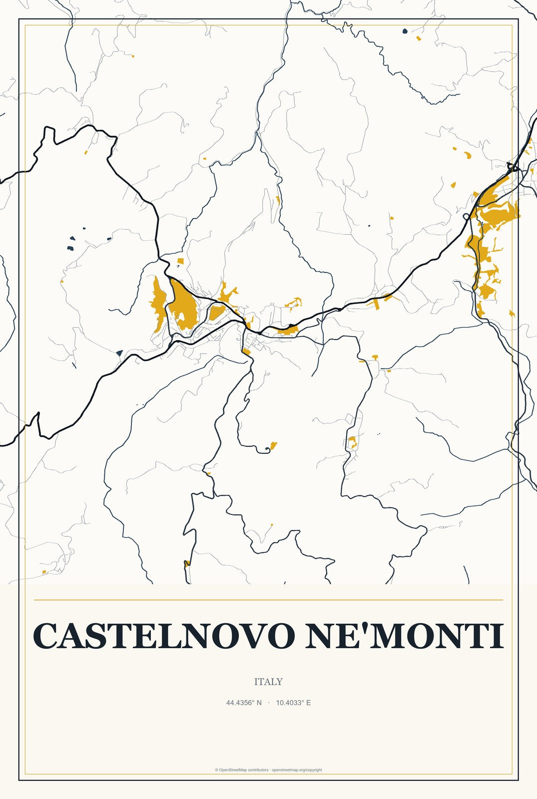 Castelnovo ne'Monti, Italy City Map Aluminum Sign in Citrine Modern style