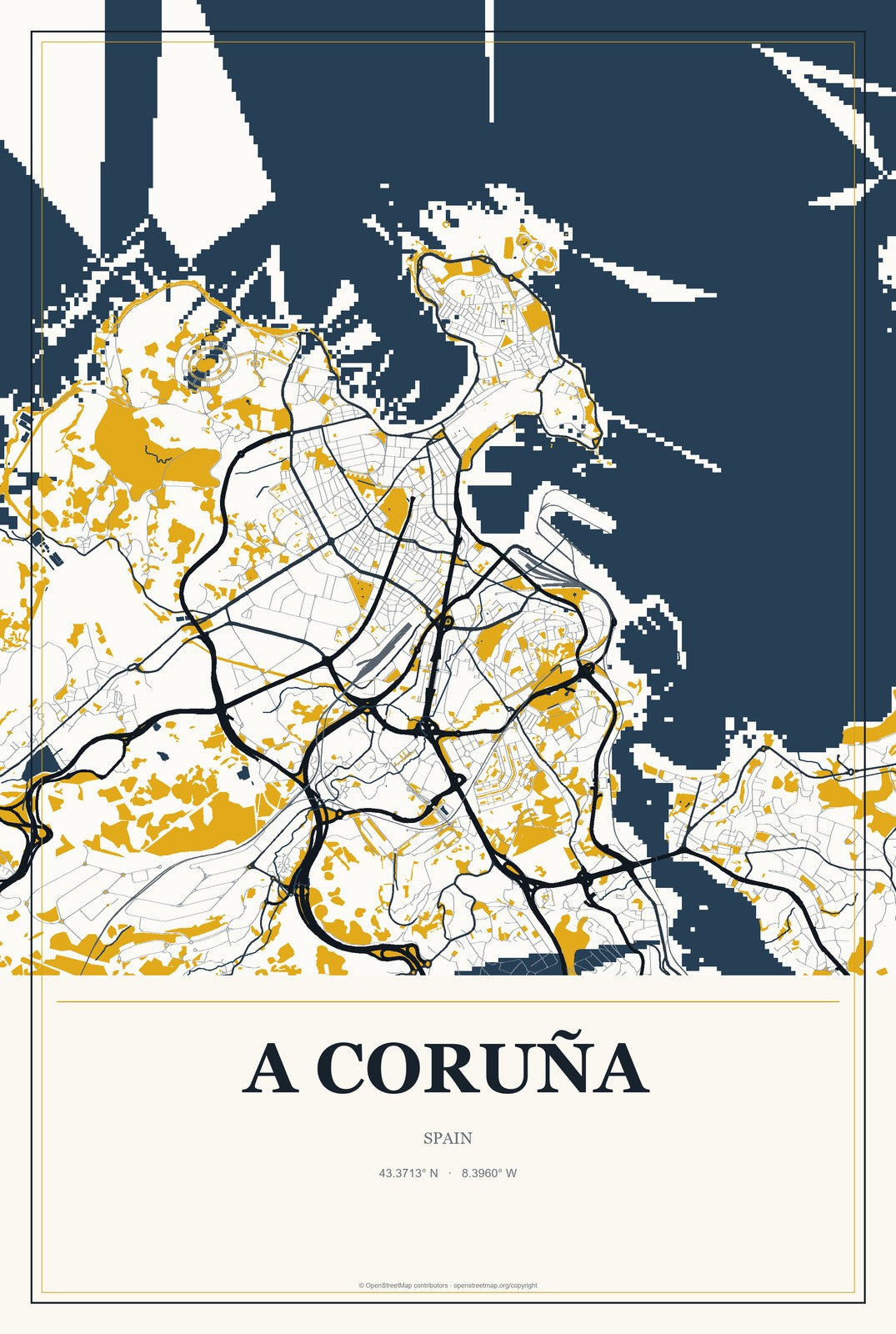 A Coruña, Spain City Map Aluminum Sign in Citrine Modern style