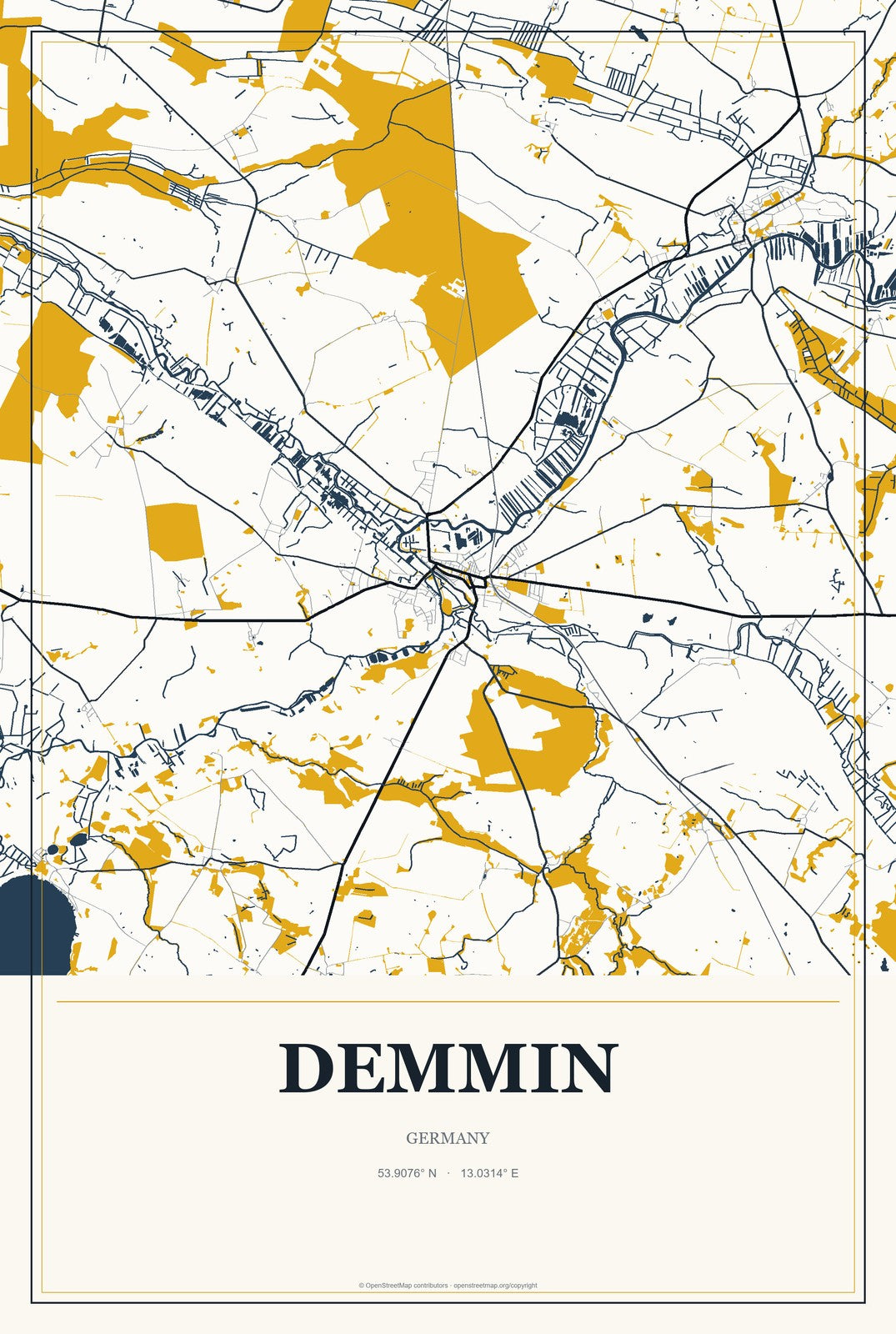 Demmin, Germany City Map Aluminum Sign in Citrine Modern style
