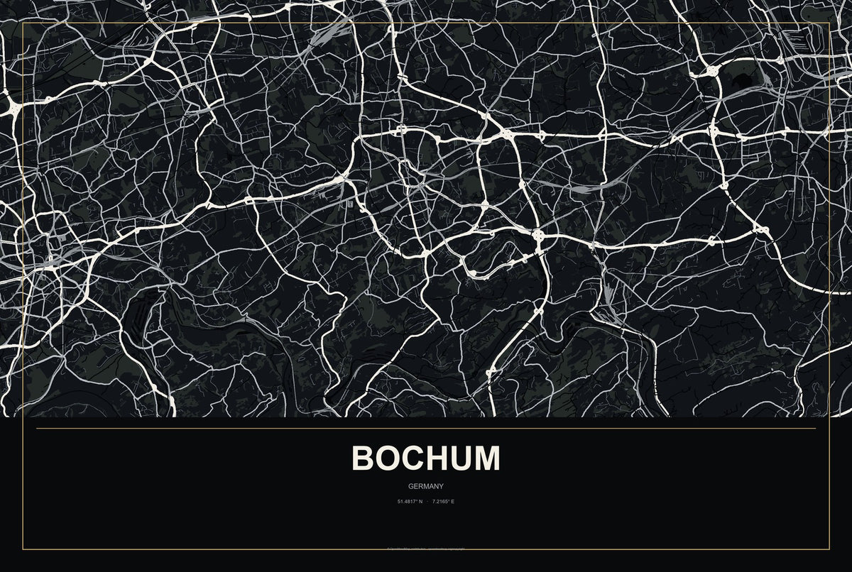 Bochum, Germany City Map Aluminum Sign in Metropolitan Noir style