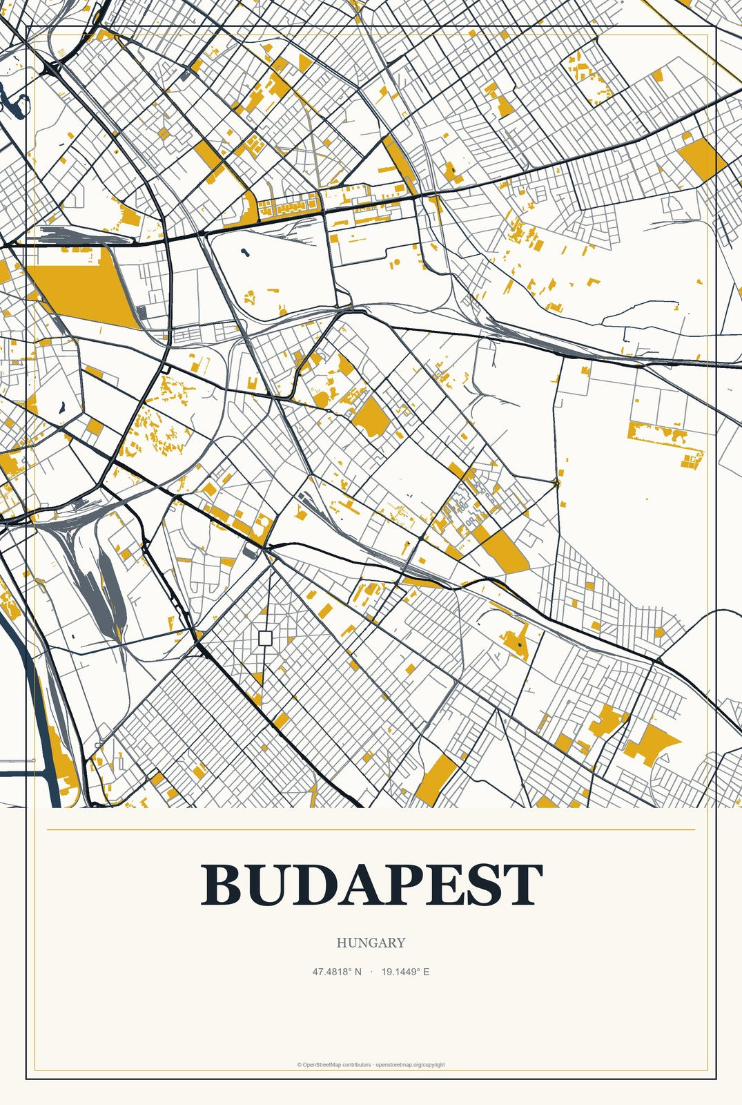 Budapest, Hungary City Map Aluminum Sign in Citrine Modern style