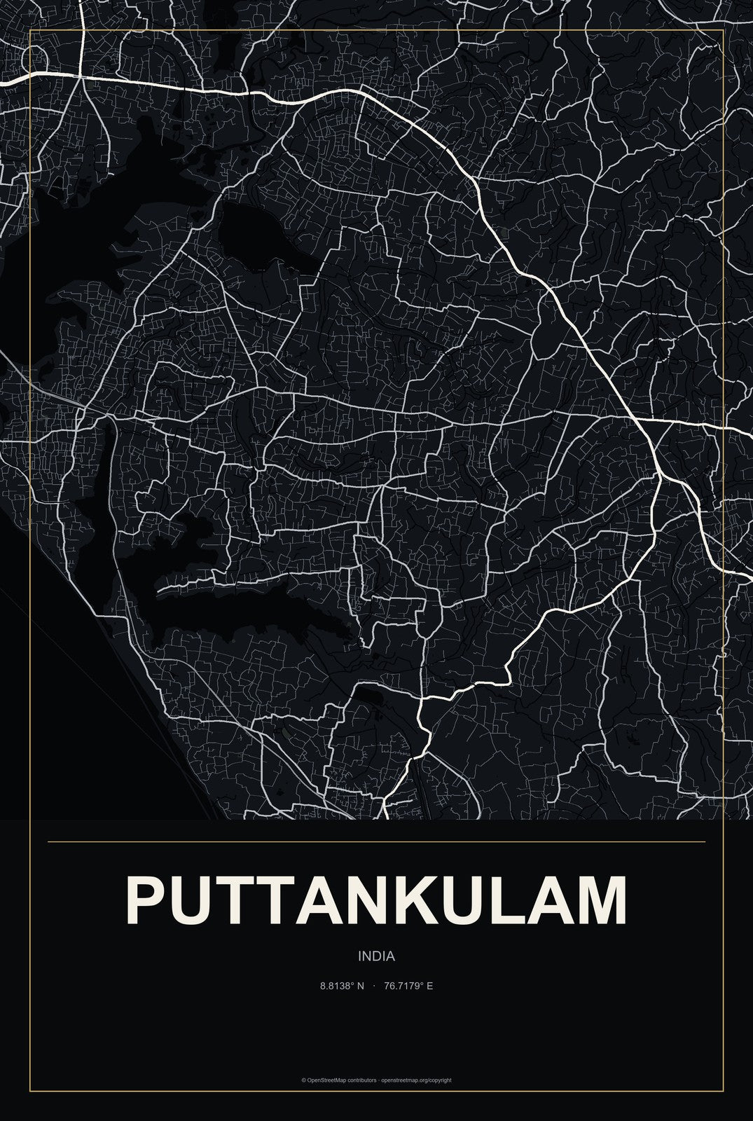 Puttankulam, India City Map Aluminum Sign in Metropolitan Noir style