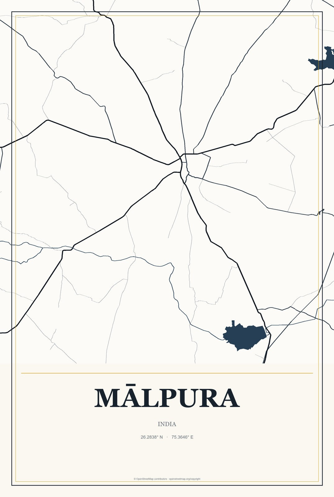 Mālpura, India City Map Aluminum Sign in Citrine Modern style