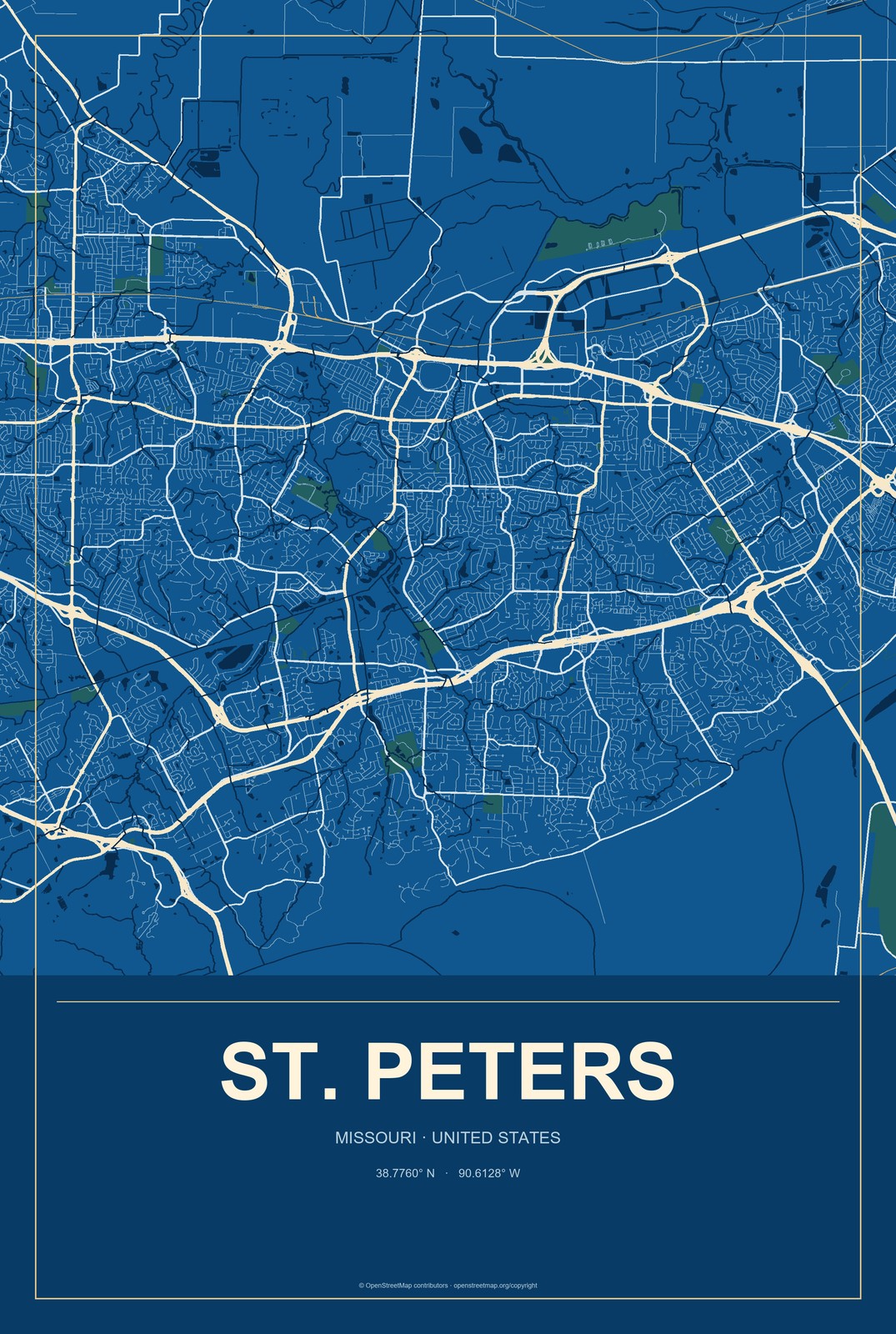 St. Peters, Missouri City Map Aluminum Sign in Harbor Cobalt style