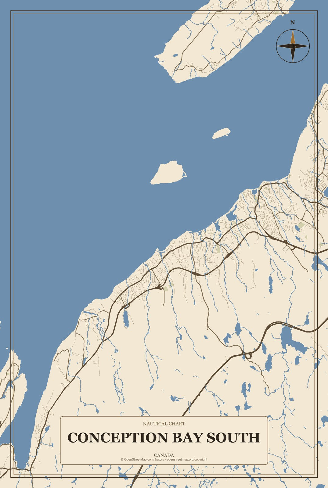 Conception Bay South, Canada City Map Aluminum Sign in Heritage Nautical style