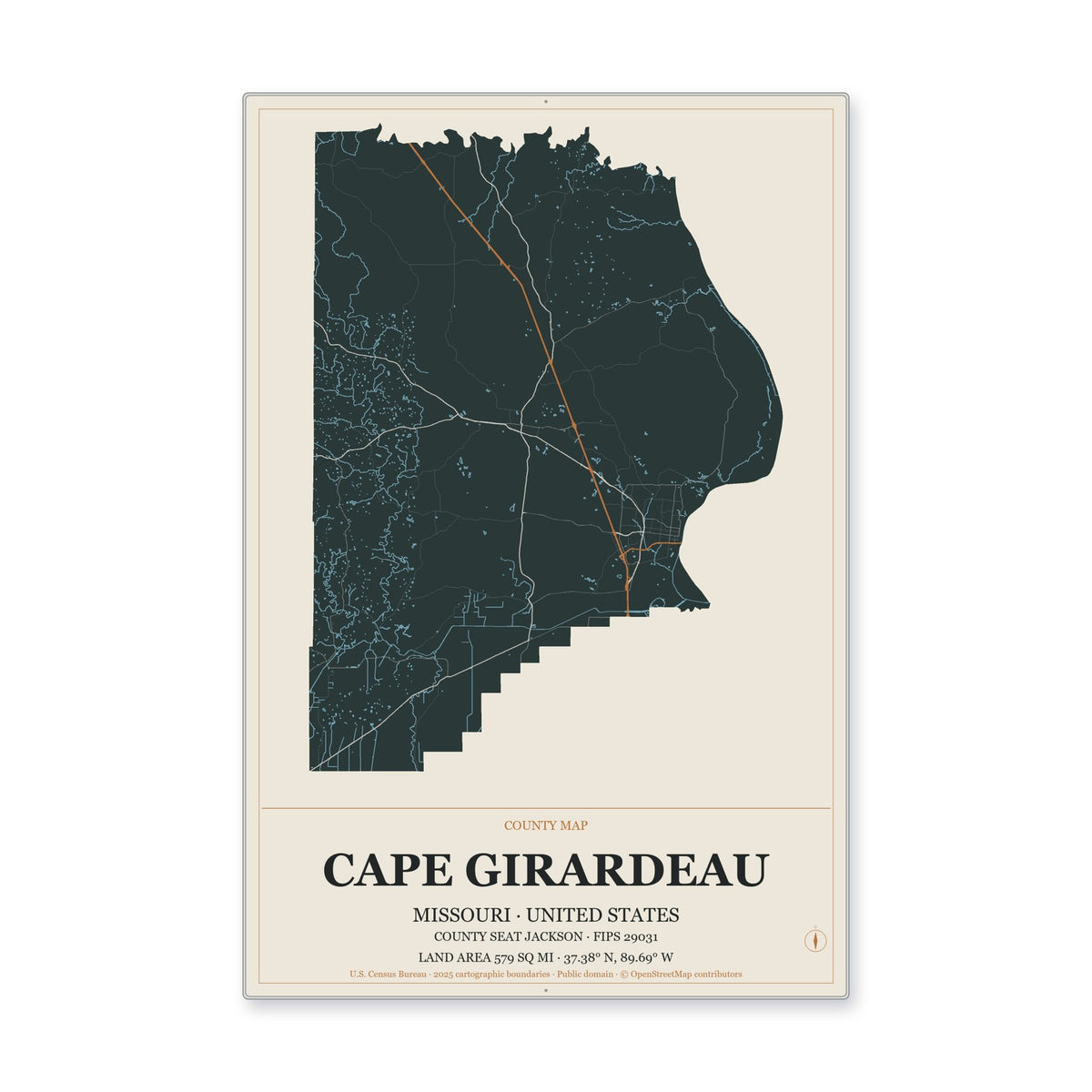 Cape Girardeau County, Missouri Map Aluminum Sign in Headline Atlas style