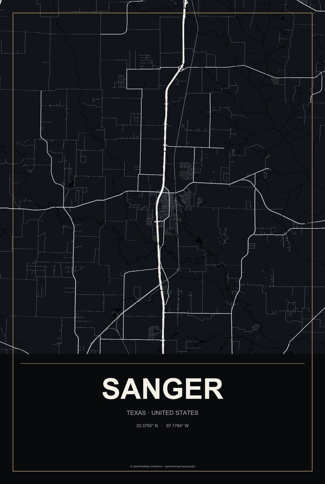Sanger, Texas City Map Aluminum Sign in Metropolitan Noir style