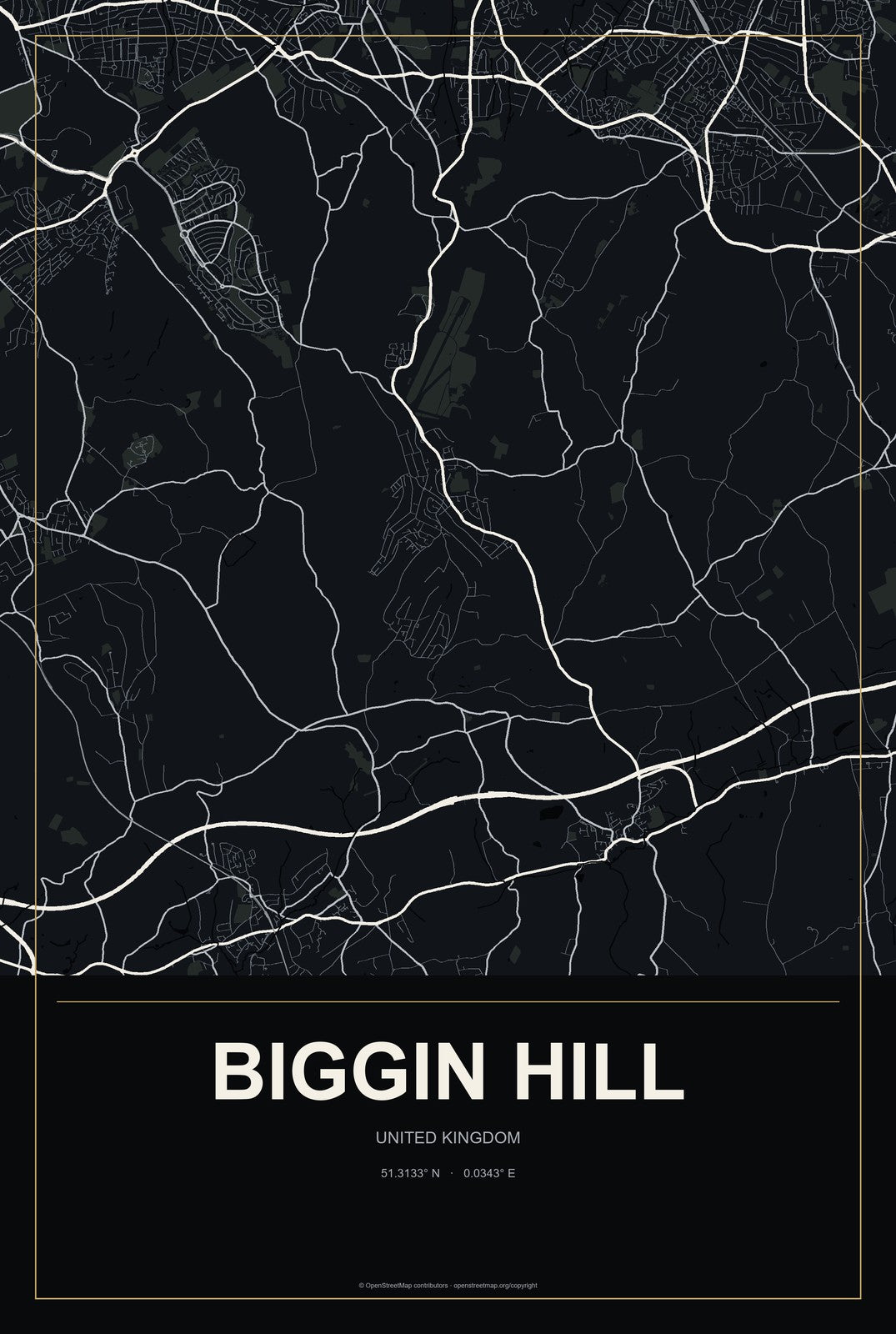 Biggin Hill, United Kingdom City Map Aluminum Sign in Metropolitan Noir style