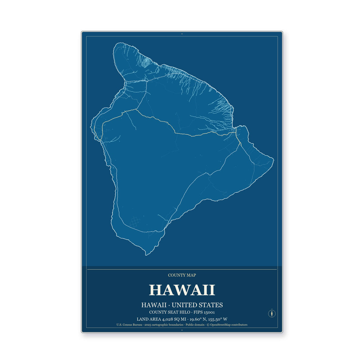 Hawaii County, Hawaii Map Aluminum Sign in Harbor Cobalt style