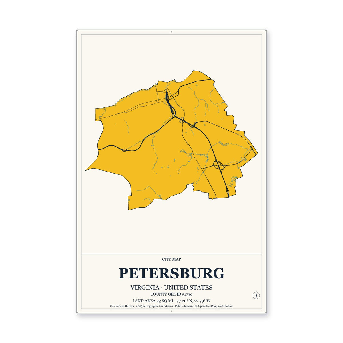 Petersburg city, Virginia Map Aluminum Sign in Citrine Modern style