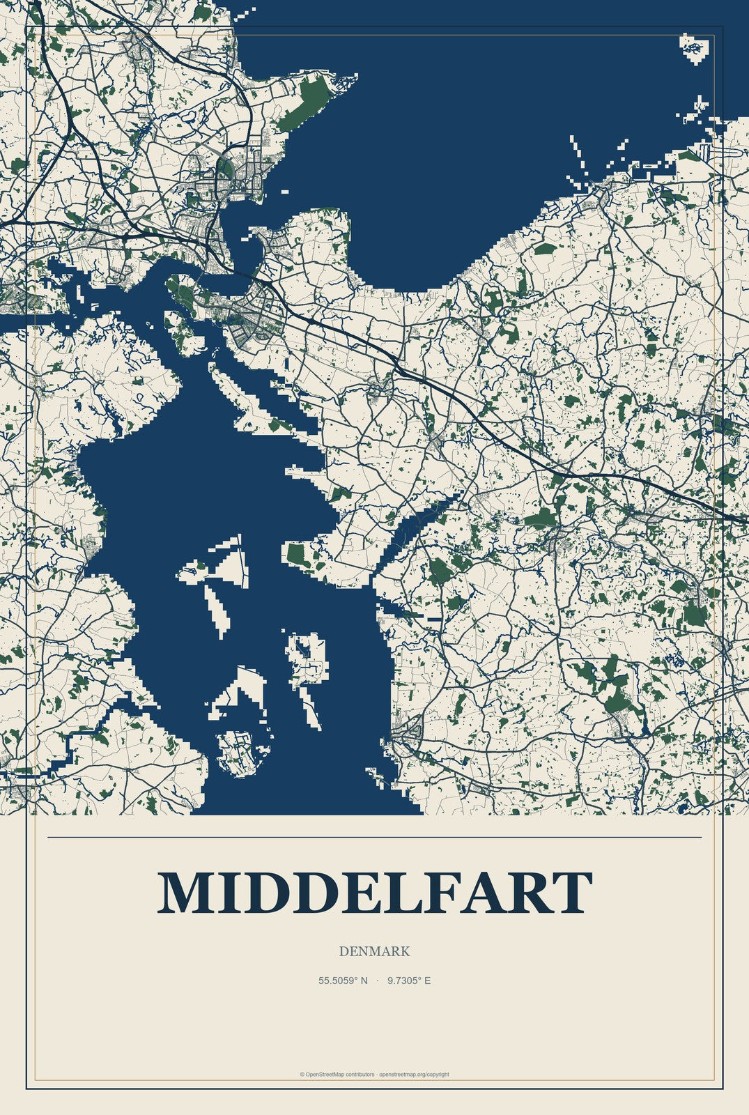 Middelfart, Denmark City Map Aluminum Sign in Coastal Cutout style
