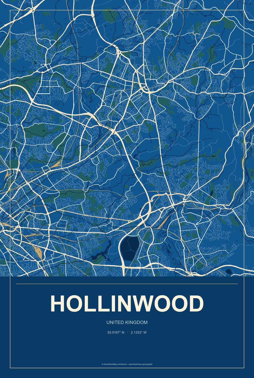 Hollinwood, United Kingdom City Map Aluminum Sign in Harbor Cobalt style