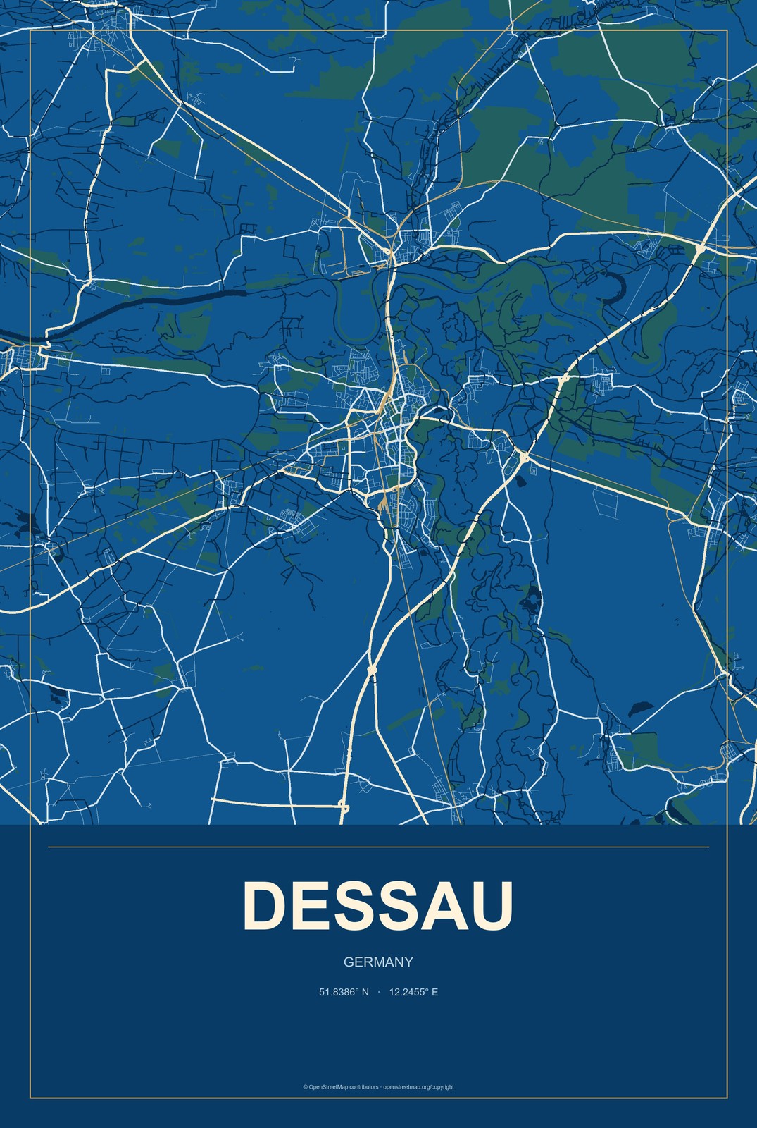 Dessau, Germany City Map Aluminum Sign in Harbor Cobalt style