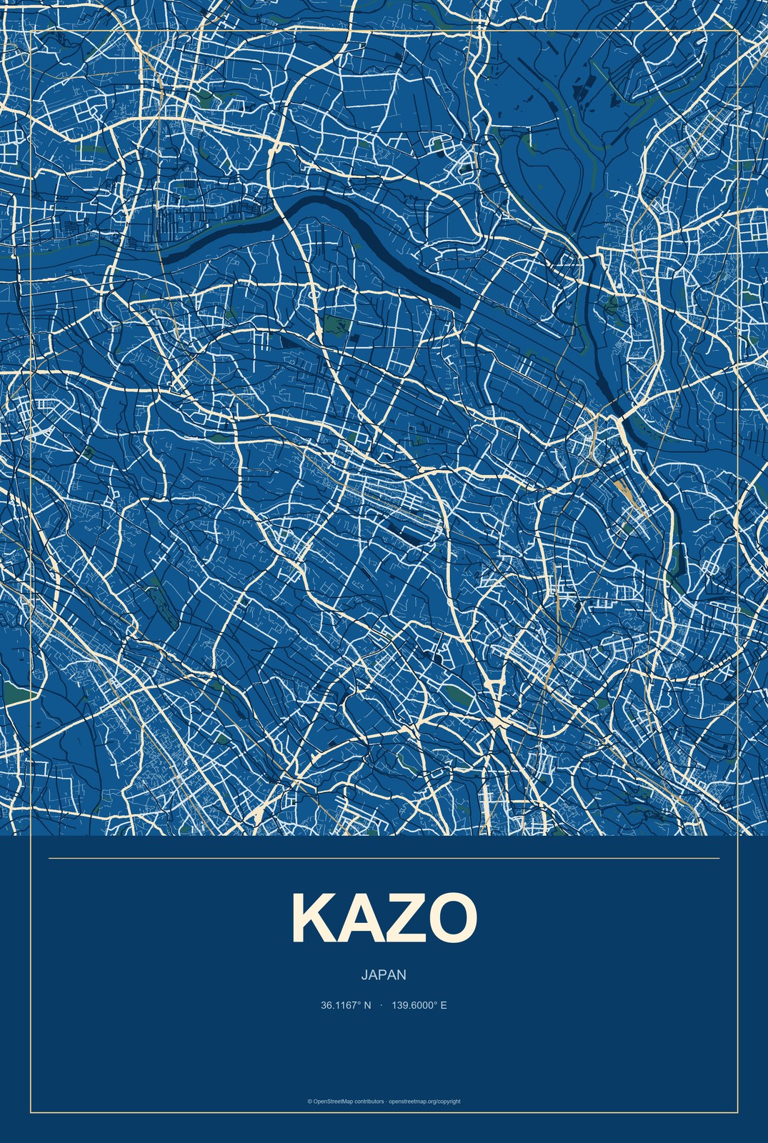 Kazo, Japan City Map Aluminum Sign in Harbor Cobalt style
