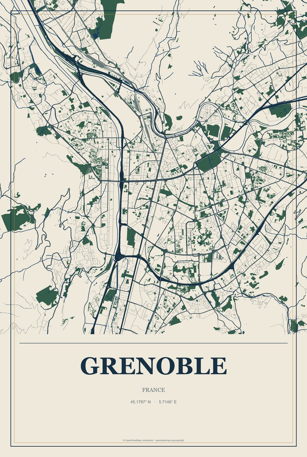 Grenoble, France City Map Aluminum Sign in Coastal Cutout style