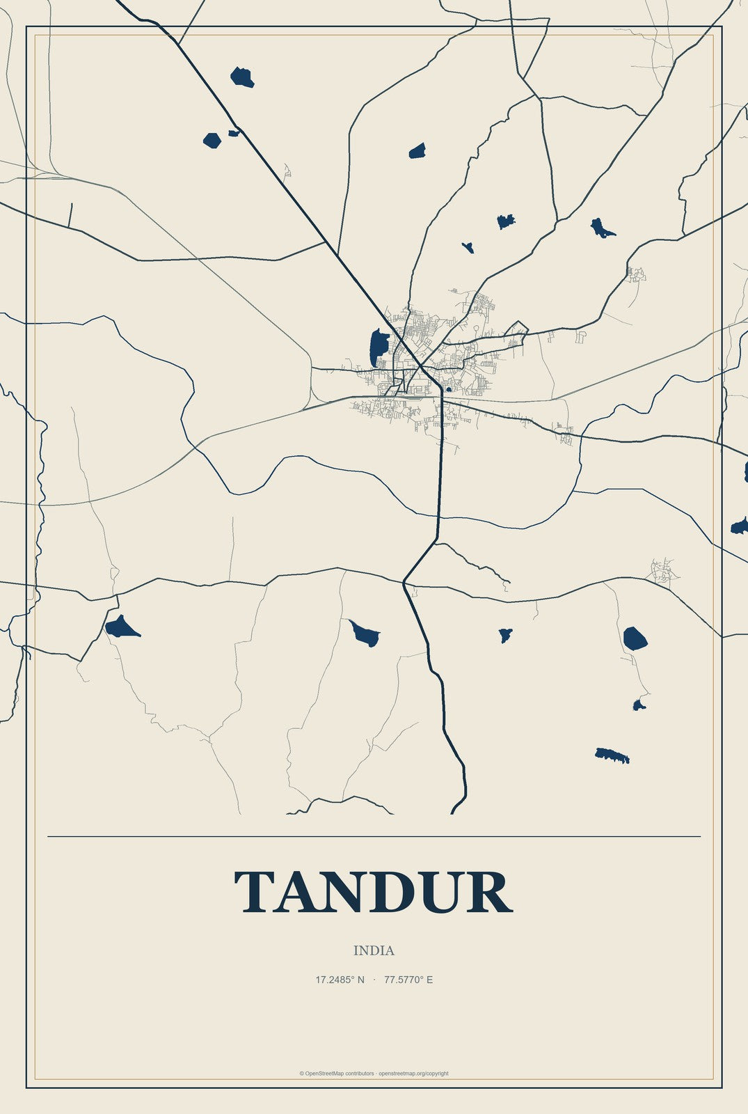 Tandur, India City Map Aluminum Sign in Coastal Cutout style
