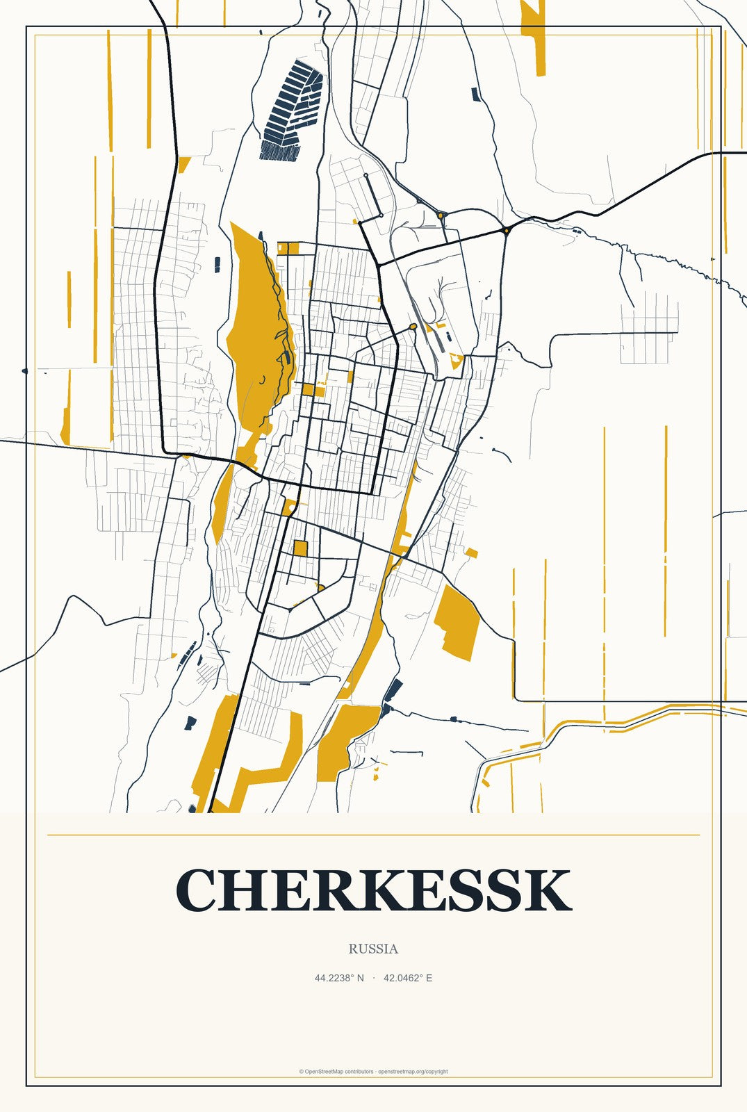 Cherkessk, Russia City Map Aluminum Sign in Citrine Modern style