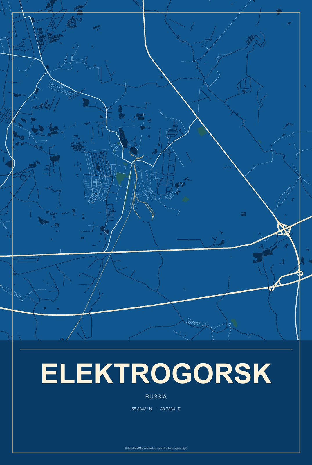 Elektrogorsk, Russia City Map Aluminum Sign in Harbor Cobalt style