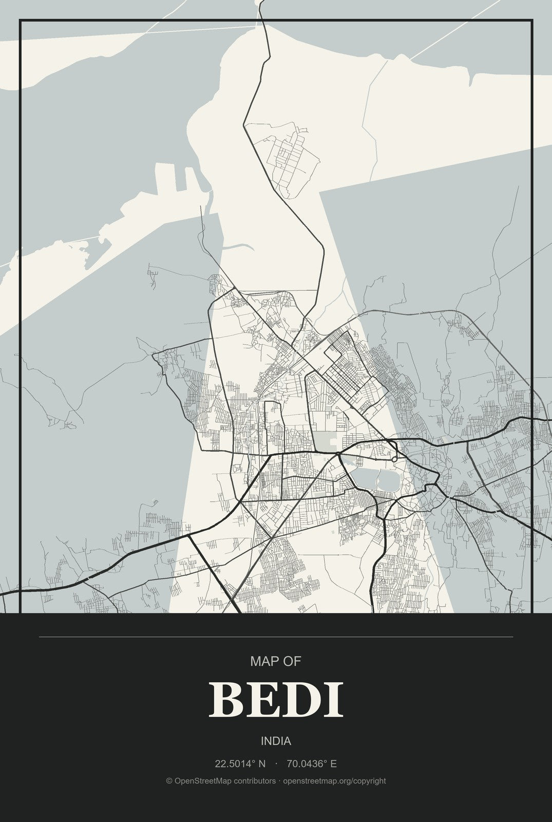 Bedi, India City Map Aluminum Sign in Museum Plaque style