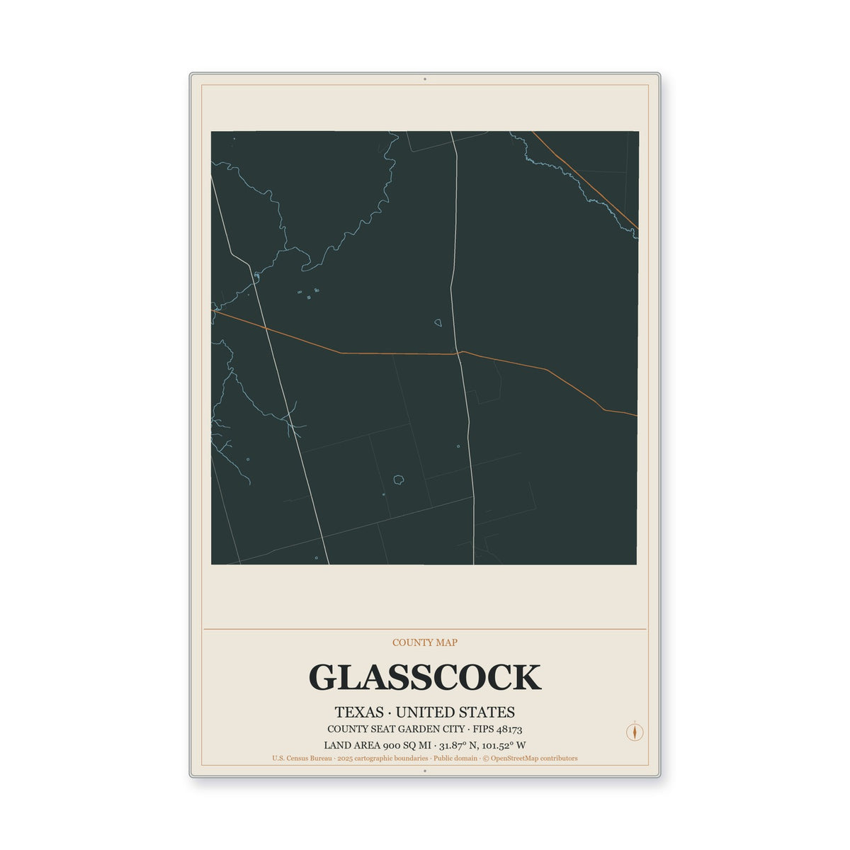 Glasscock County, Texas Map Aluminum Sign in Headline Atlas style