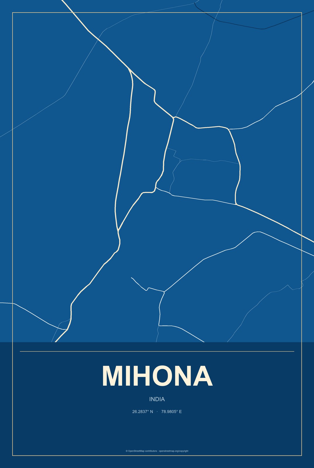 Mihona, India City Map Aluminum Sign in Harbor Cobalt style
