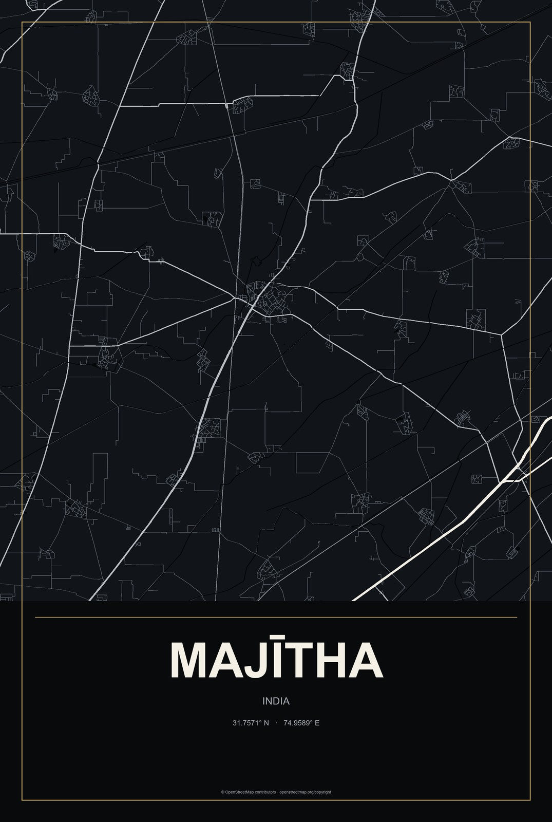 Majītha, India City Map Aluminum Sign in Metropolitan Noir style