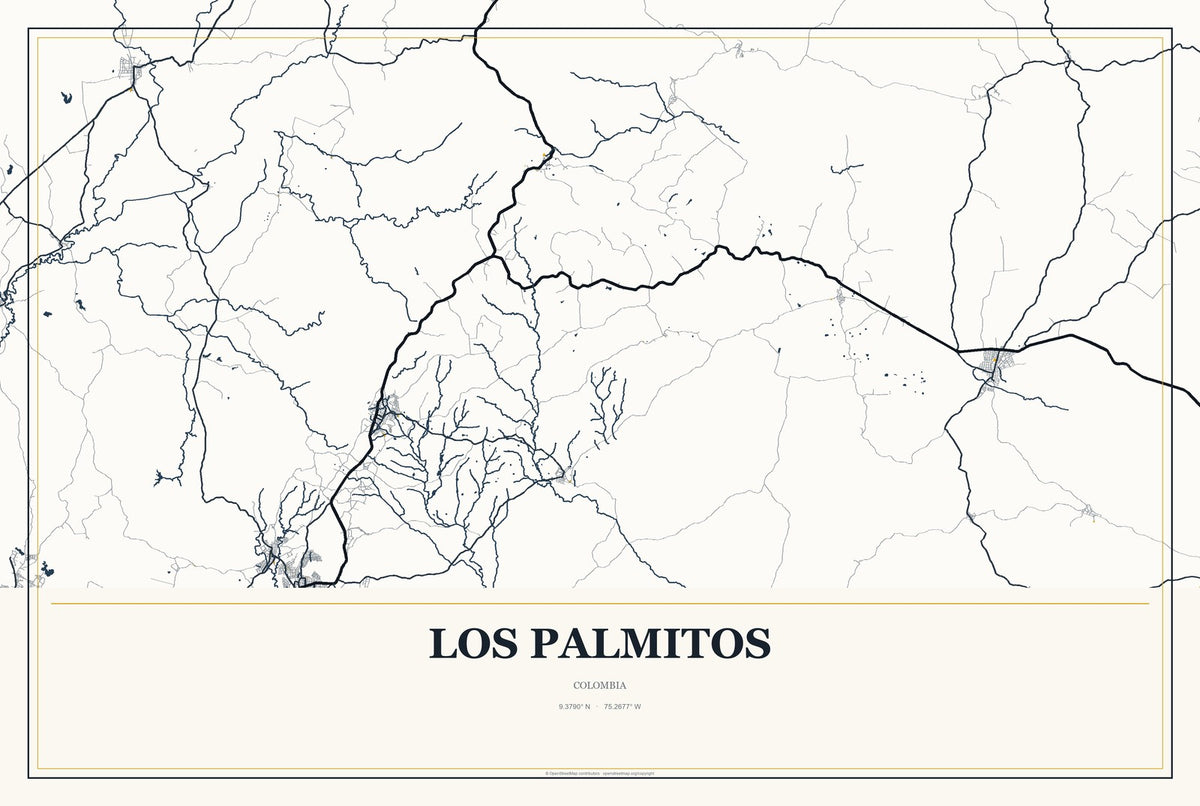Los Palmitos, Colombia City Map Aluminum Sign in Citrine Modern style