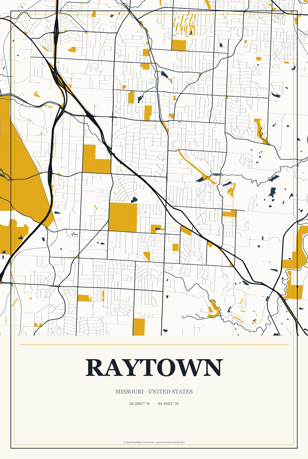 Raytown, Missouri City Map Aluminum Sign in Citrine Modern style
