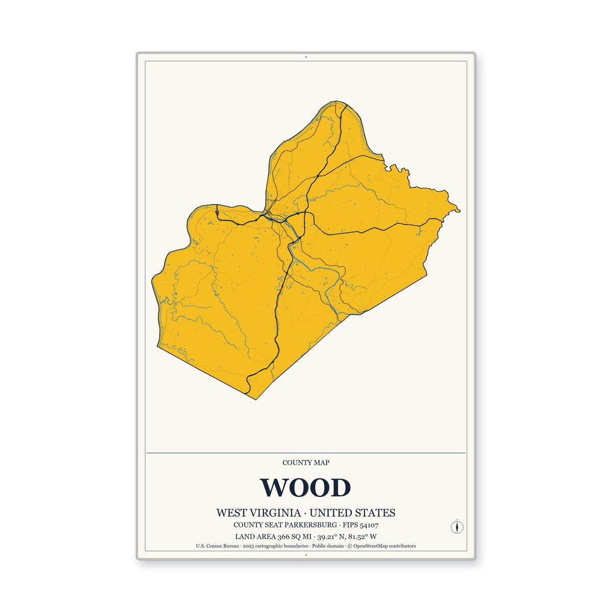 Wood County, West Virginia Map Aluminum Sign in Citrine Modern style