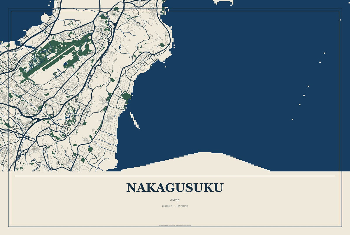 Nakagusuku, Japan City Map Aluminum Sign in Coastal Cutout style