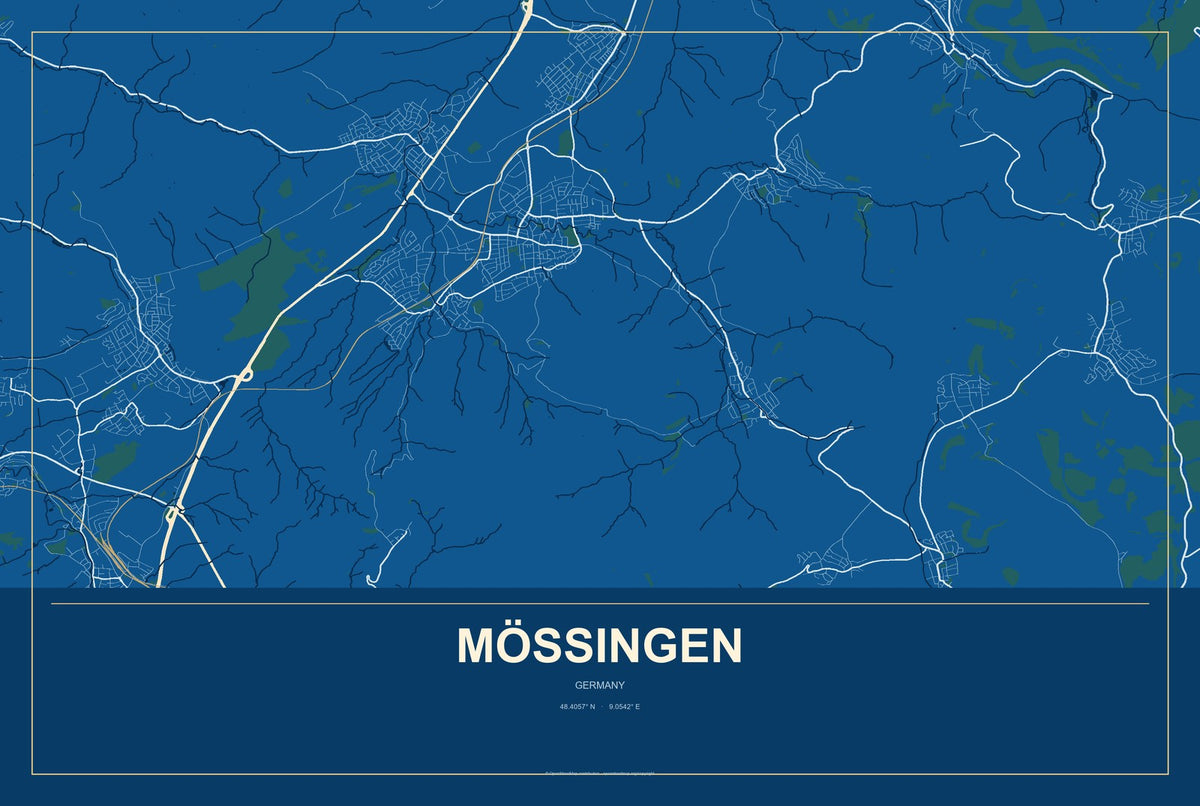 Mössingen, Germany City Map Aluminum Sign in Harbor Cobalt style