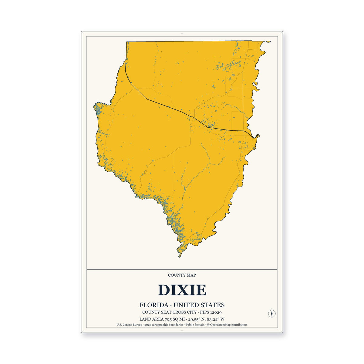 Dixie County, Florida Map Aluminum Sign in Citrine Modern style