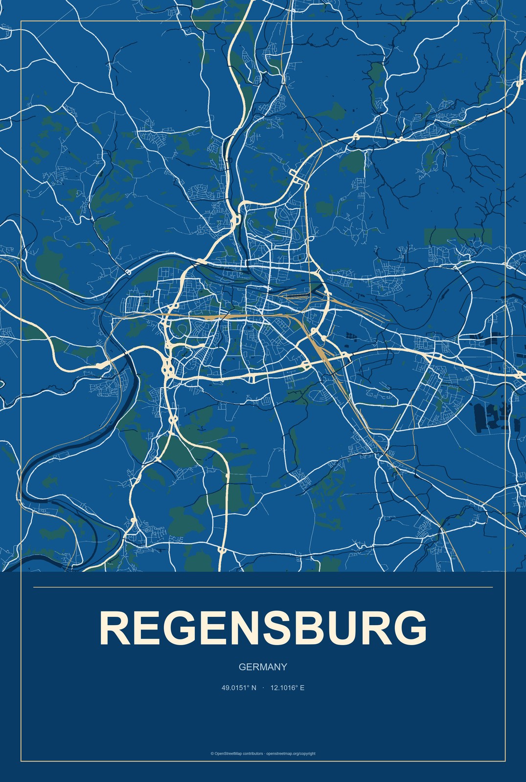 Regensburg, Germany City Map Aluminum Sign in Harbor Cobalt style