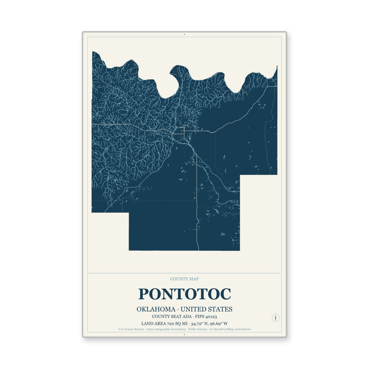 Pontotoc County, Oklahoma Map Aluminum Sign in Coastal Cutout style