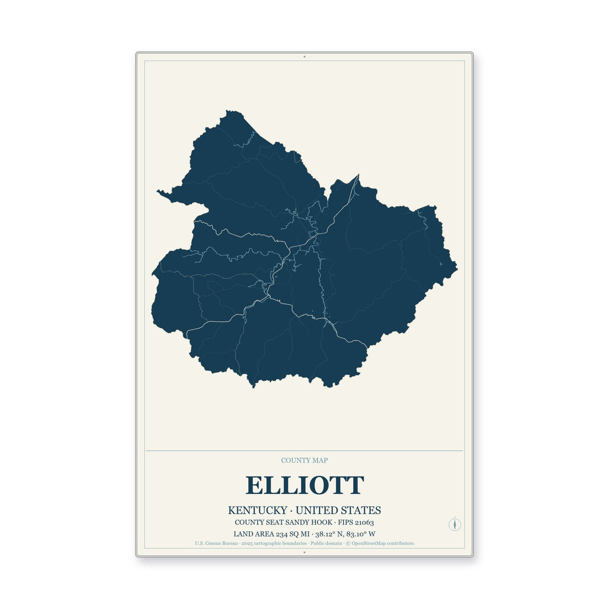 Elliott County, Kentucky Map Aluminum Sign in Coastal Cutout style