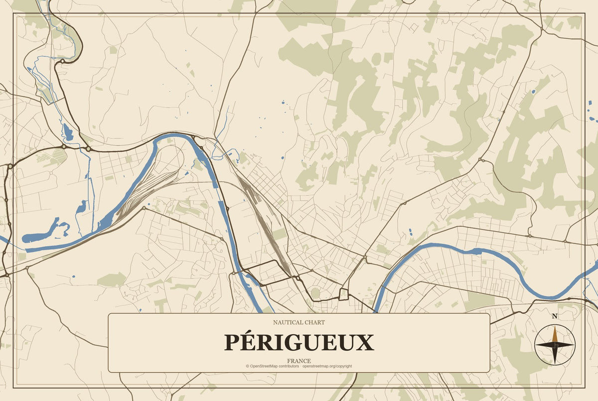 Périgueux, France City Map Aluminum Sign in Heritage Nautical style