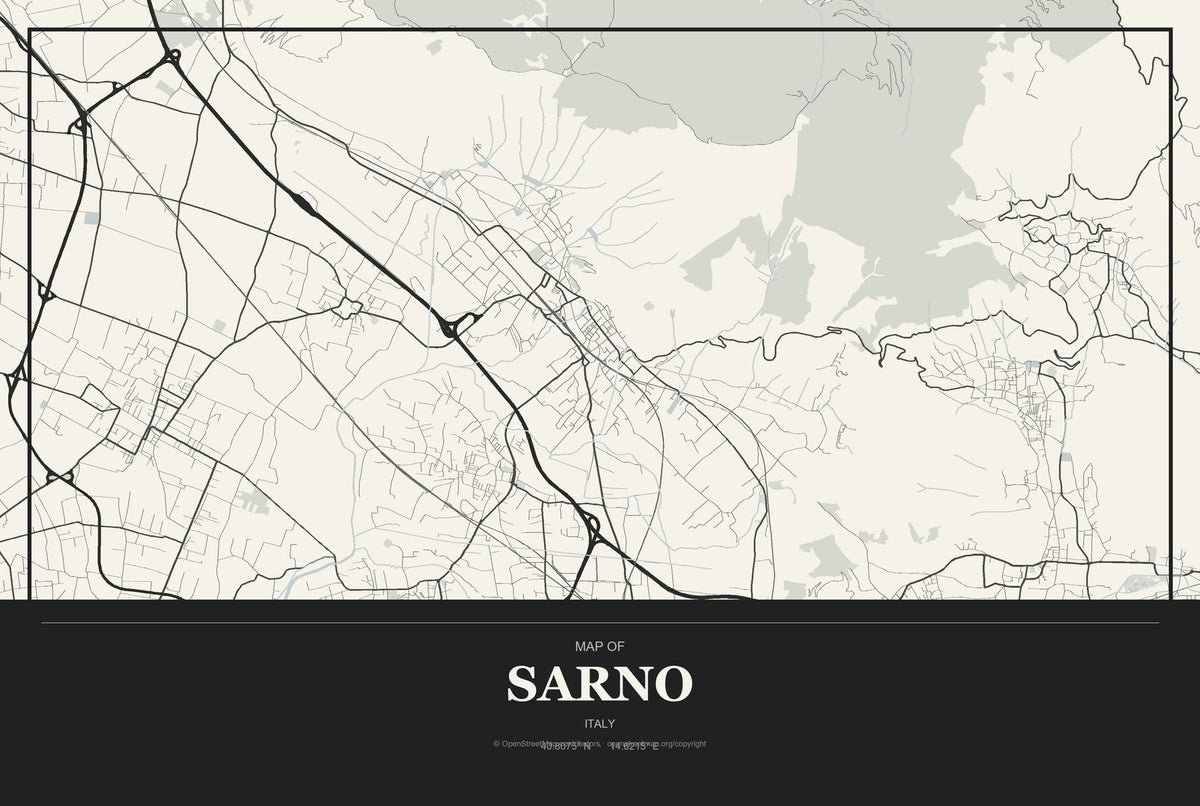 Sarno, Italy City Map Aluminum Sign in Museum Plaque style
