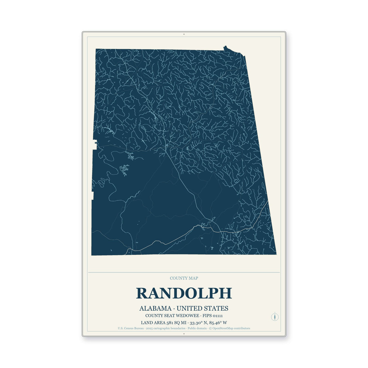 Randolph County, Alabama Map Aluminum Sign in Coastal Cutout style